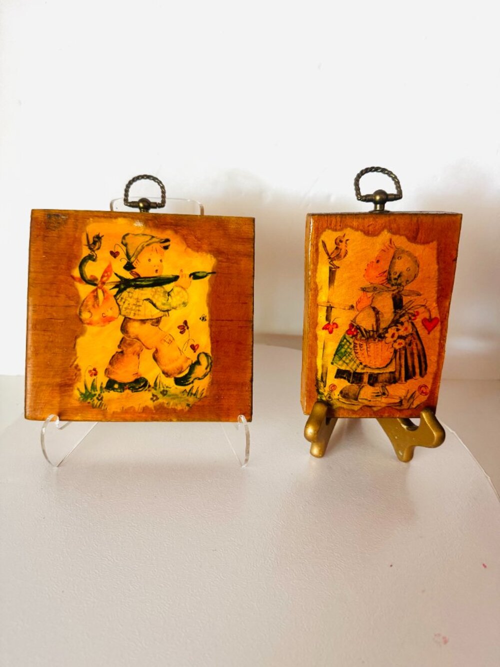 Vtg 2 Wooden Wall Plaques Decoupage Folk Art Children Hummel Art Style Brass Ton